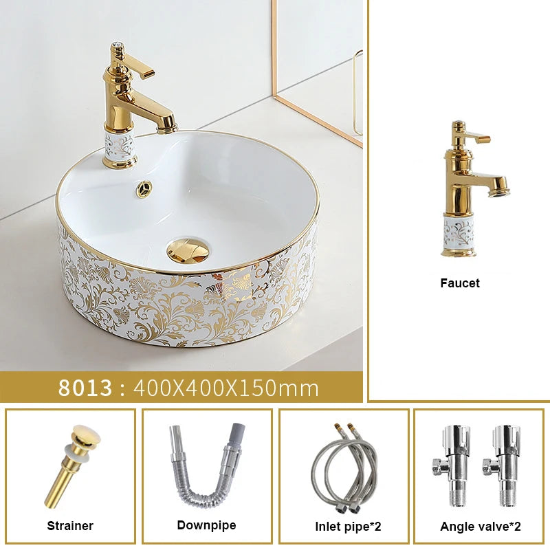 Juego de Lavabos de Cerámica con Diseño de Flores | Lavabo Sobre Encimera en Acabado Dorado para Baño