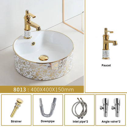Juego de Lavabos de Cerámica con Diseño de Flores | Lavabo Sobre Encimera en Acabado Dorado para Baño