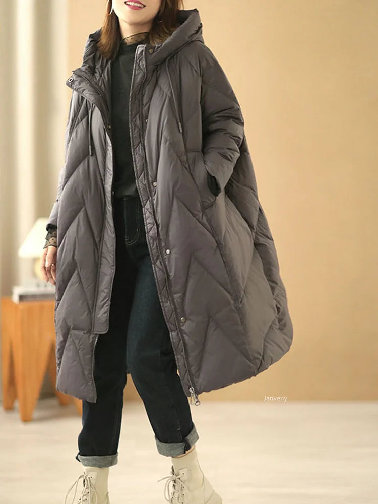 Abrigo largo holgado para mujer, chaqueta de plumón de pato blanco, parka con capucha de plumas, 90%, invierno