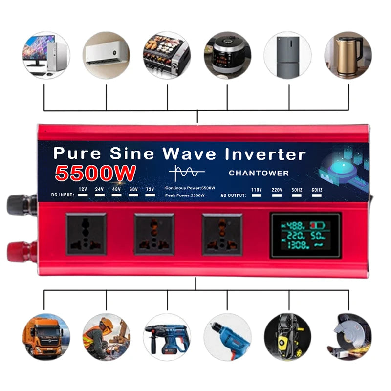 Inversor de onda sinusoidal pura 5500W/5000W DC 12V/24V/48V/60V/72V a AC 110V/220V para coche y energía solar