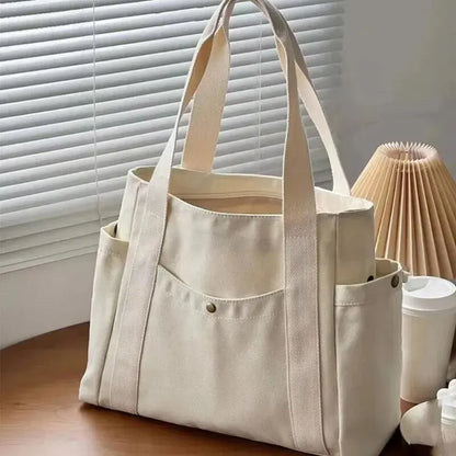 Bolso de lona de gran capacidad para mujer, bolsa de hombro con cremallera, bolsillo exterior múltiple, bolso de compras para estudiantes