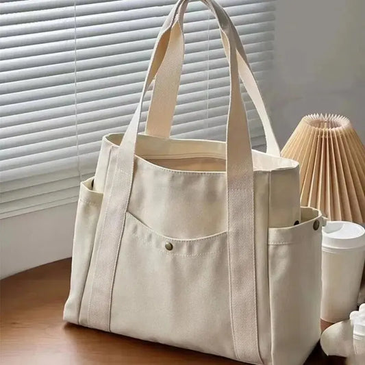 Bolso de lona de gran capacidad para mujer, bolsa de hombro con cremallera, bolsillo exterior múltiple, bolso de compras para estudiantes