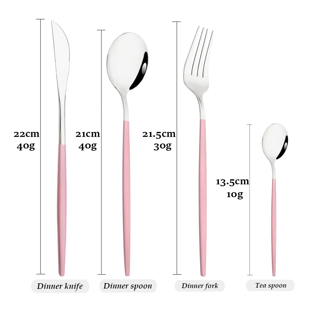 Set de Cubiertos Drmfiy Rosa y Plateado de Acero Inoxidable | Cuchillo, Tenedor, Cuchara y Cucharita | Cubertería de Alta Calidad para Cocina y Viajes