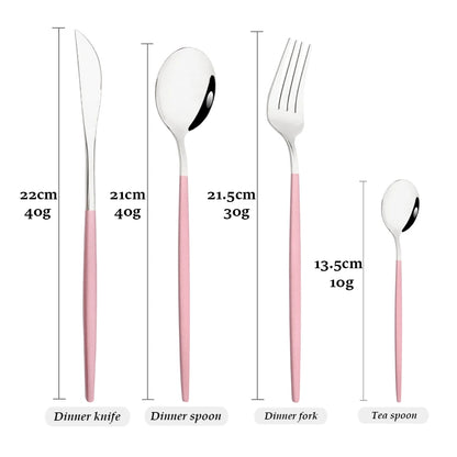 Set de Cubiertos Drmfiy Rosa y Plateado de Acero Inoxidable | Cuchillo, Tenedor, Cuchara y Cucharita | Cubertería de Alta Calidad para Cocina y Viajes