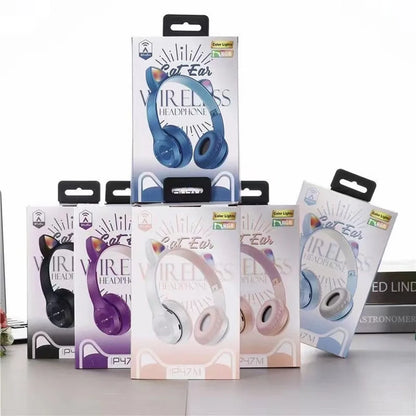 Auriculares con orejas de gato para niños y niñas, audífonos inalámbricos con luz LED RGB, estéreo, Bluetooth, música, PC, regalo para jugadores