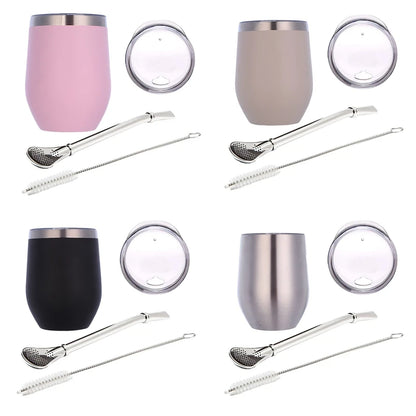 Juego de té Mate de acero inoxidable de doble pared, tazas de café, taza de té Mate con tapa, cuchara, Pajita, cabezal de Bombilla, cepillo de filtro