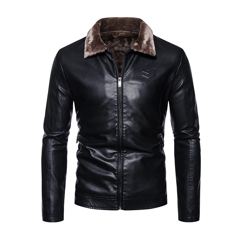 Chaqueta de Cuero de Marca para Hombre - Abrigo de Motocicleta a Prueba de Viento con Cuello de Piel Engrosada