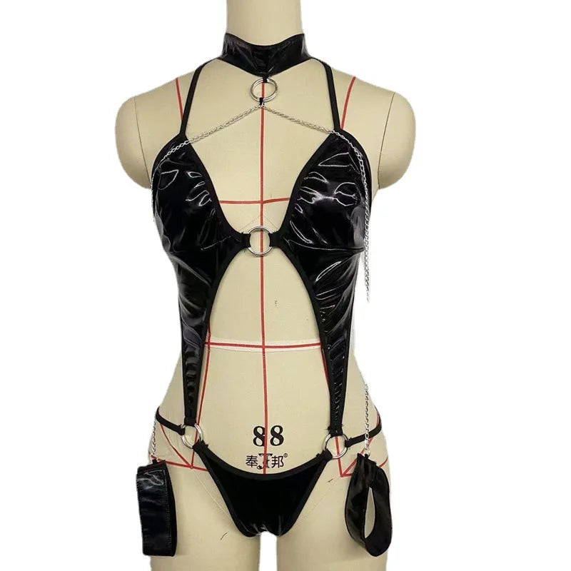 Vestido de Látex y Cuero para Mujer con V Profundo: Lencería Sexy Babydoll, Traje Erótico para Club y Baile