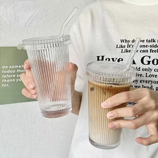 Vaso de Vidrio con Tapa y Popote 375ml | Diseño Japonés Elegante | Tazas para Café, Té, Leche o Whisky | Regalo Perfecto