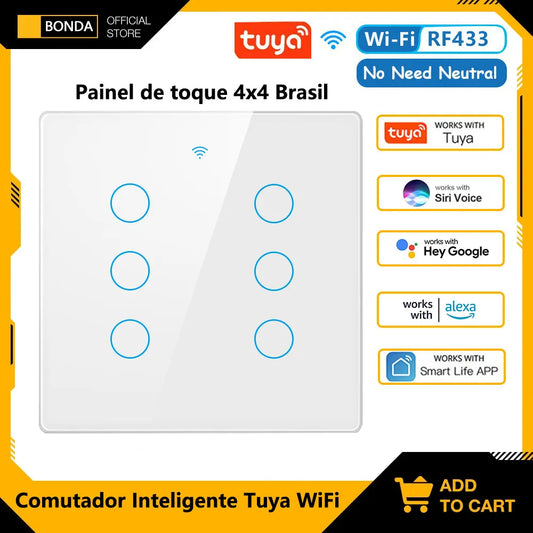 Interruptor Táctil Inteligente Wifi Tuya para Luces en Brasil, 4*4 sin Cable Neutro, 4/6 Gang, Control Remoto RF433, Smart Life, Compatible con Alexa y Google Home