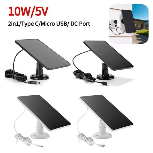 Cargador Solar 10W 5V con Conectores Micro USB y Type-C - Paneles Solares para Cámaras de Seguridad y Sistemas de Iluminación Exterior
