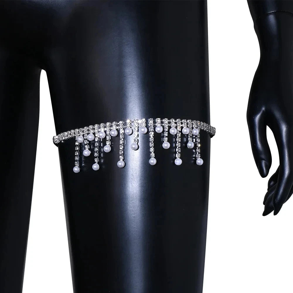 Cadena de Pierna con Borla y Perlas de Imitación para Mujer, Joyería Brillante de Muslo para Playa, Bikinis Sexy, Rave