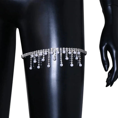 Cadena de Pierna con Borla y Perlas de Imitación para Mujer, Joyería Brillante de Muslo para Playa, Bikinis Sexy, Rave