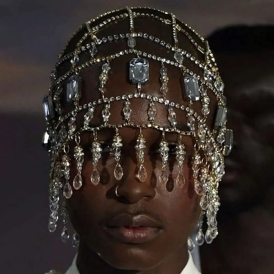 Sombrero de Cristal con Flecos, Tiara de Lujo, Cadena para el Cabello y Accesorios de Boda con Diamantes de Imitación