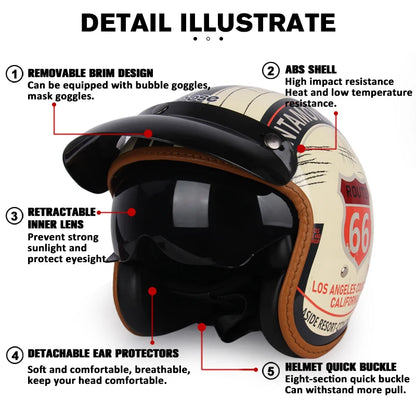 Casco de Motocicleta Retro para Hombre y Mujer, Diseño Clásico de Cara Abierta 3/4