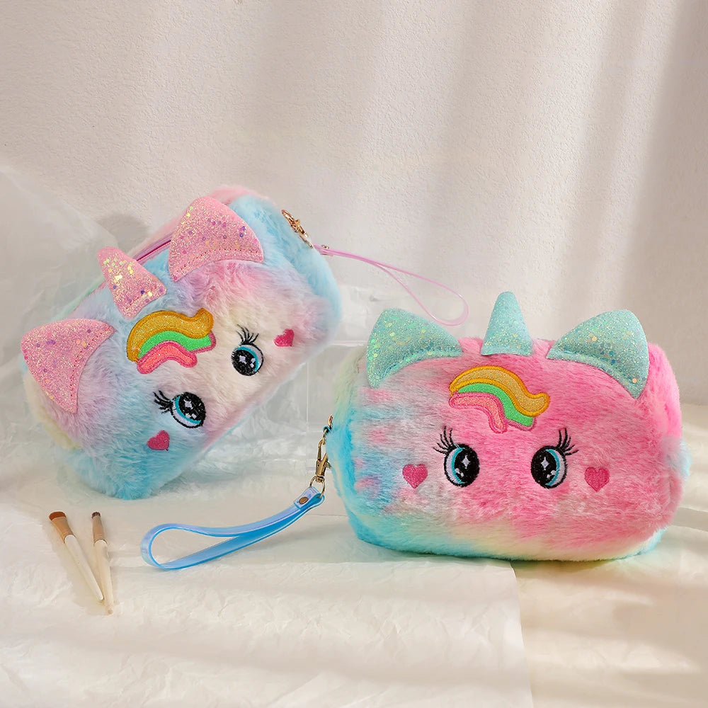Bolso Kawaii de Unicornio para Niñas – Estuche Multiusos de Felpa con Gran Capacidad, Organizador de Maquillaje y Lápices