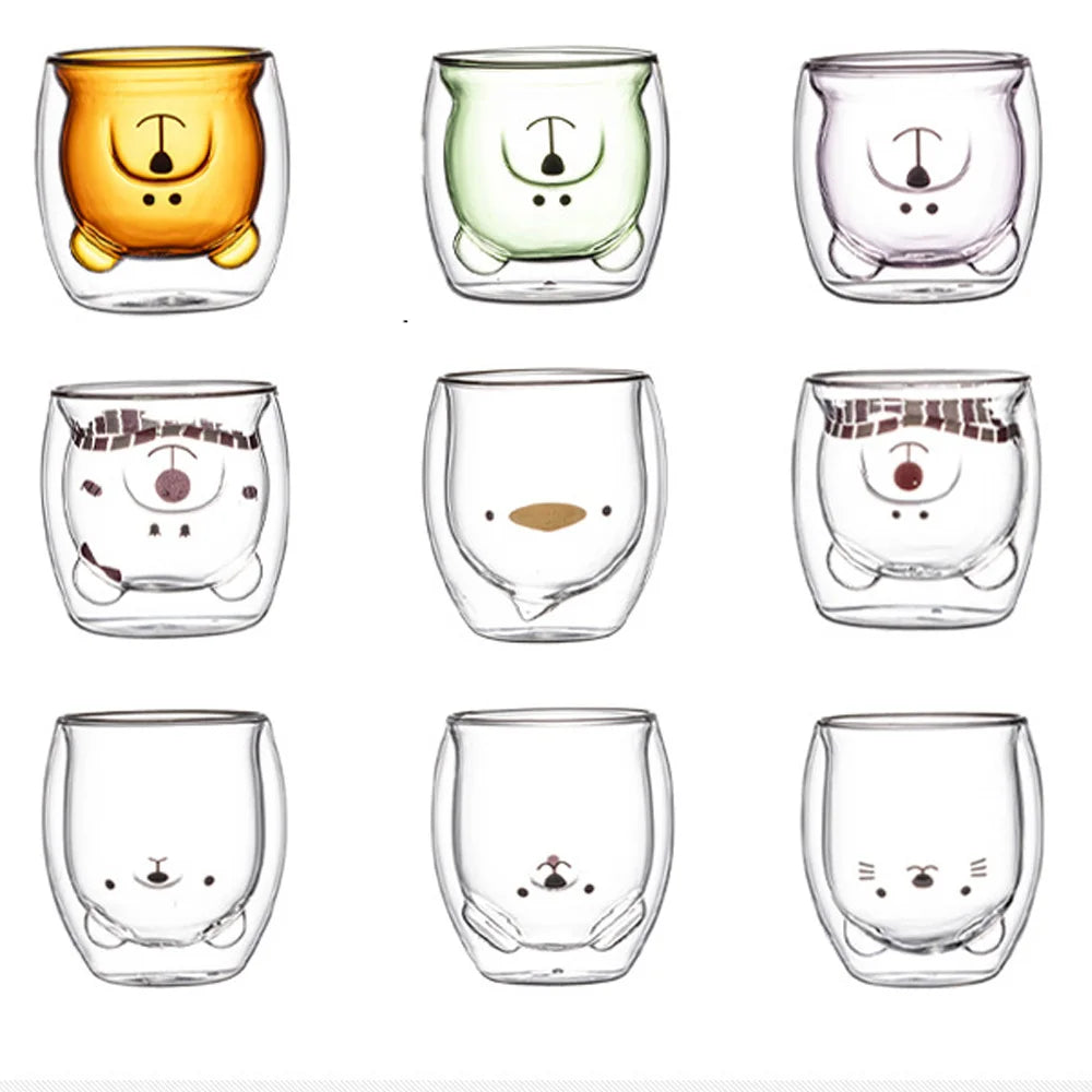 Taza de Vidrio Doble 280ML con Diseño de Animales | Gato, Perro, Oso | Taza Transparente para Café, Té, Leche, Jugo o Vino | Ideal para Cumpleaños