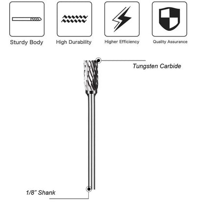 Juego de Fresas Rotativas de Carburo con Vástago de 1/8", Longitud de Cabeza de 1/4" - Tungsteno para Trabajar Madera, Perforar Metal, Grabar y Pulir