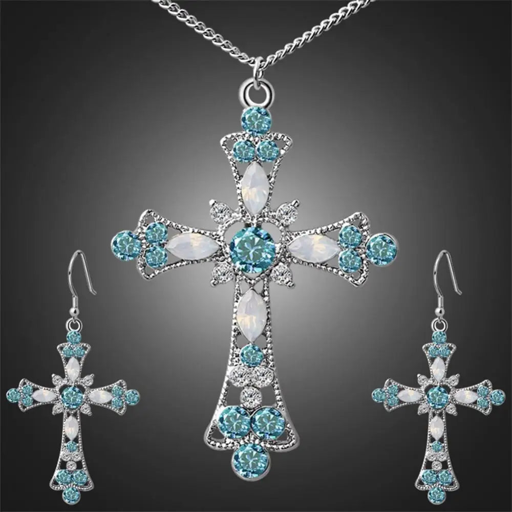 Set de Joyas para Mujer - Collar con Colgante de Cruz Incrustado con Brillantes y Aretes - Elegancia para Fiesta y Boda