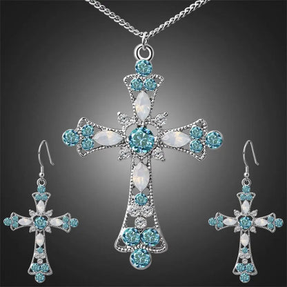 Set de Joyas para Mujer - Collar con Colgante de Cruz Incrustado con Brillantes y Aretes - Elegancia para Fiesta y Boda