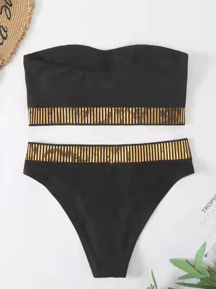 Bikini Bandeau de Cintura Alta Sexy 2023 para Mujeres - Traje de Baño Triangular con Detalle de Costura