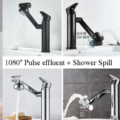 Grifo Giratorio de 1080° para Lavabo de Baño | Mezclador Montado en Cubierta a Prueba de Salpicaduras con Cabezal de Ducha y Aireador