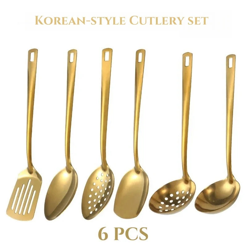 Juego de Cubiertos Coreanos de 6 Piezas de Acero Inoxidable | Set de Cubiertos Dorados para Cena y Olla Caliente | Estilo Coreano