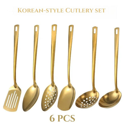 Juego de Cubiertos Coreanos de 6 Piezas de Acero Inoxidable | Set de Cubiertos Dorados para Cena y Olla Caliente | Estilo Coreano