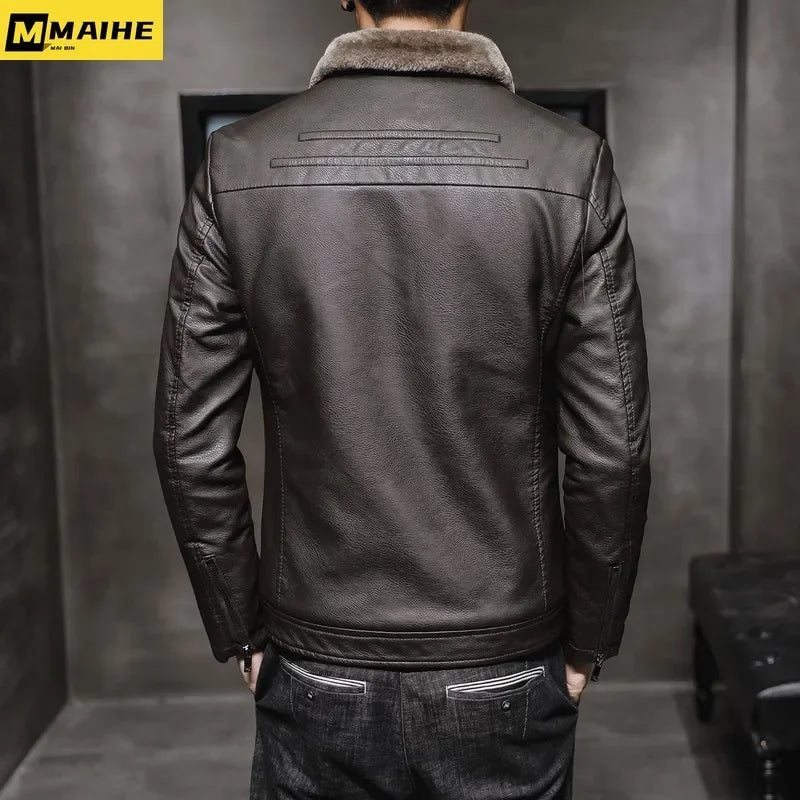 Chaqueta de Cuero de Marca para Hombre - Abrigo de Motocicleta a Prueba de Viento con Cuello de Piel Engrosada