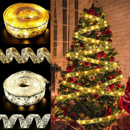 Cintas de Luz LED para Decoración Navideña – Cintas de Organza para Árboles de Navidad y Adornos DIY