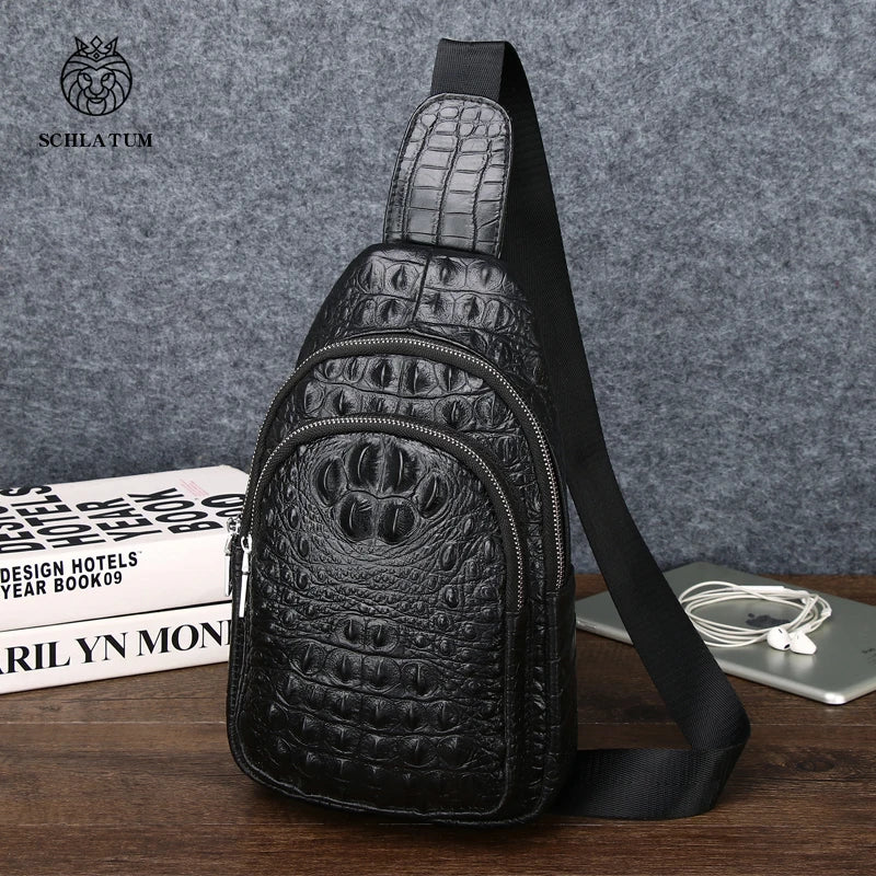 Bolso de Pecho de Cuero Genuino para Hombre – Estilo Casual con Estampado de Cocodrilo