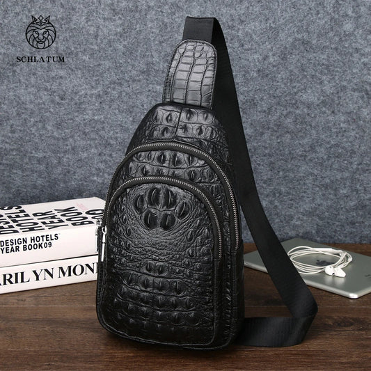 Bolso de Pecho de Cuero Genuino para Hombre – Estilo Casual con Estampado de Cocodrilo
