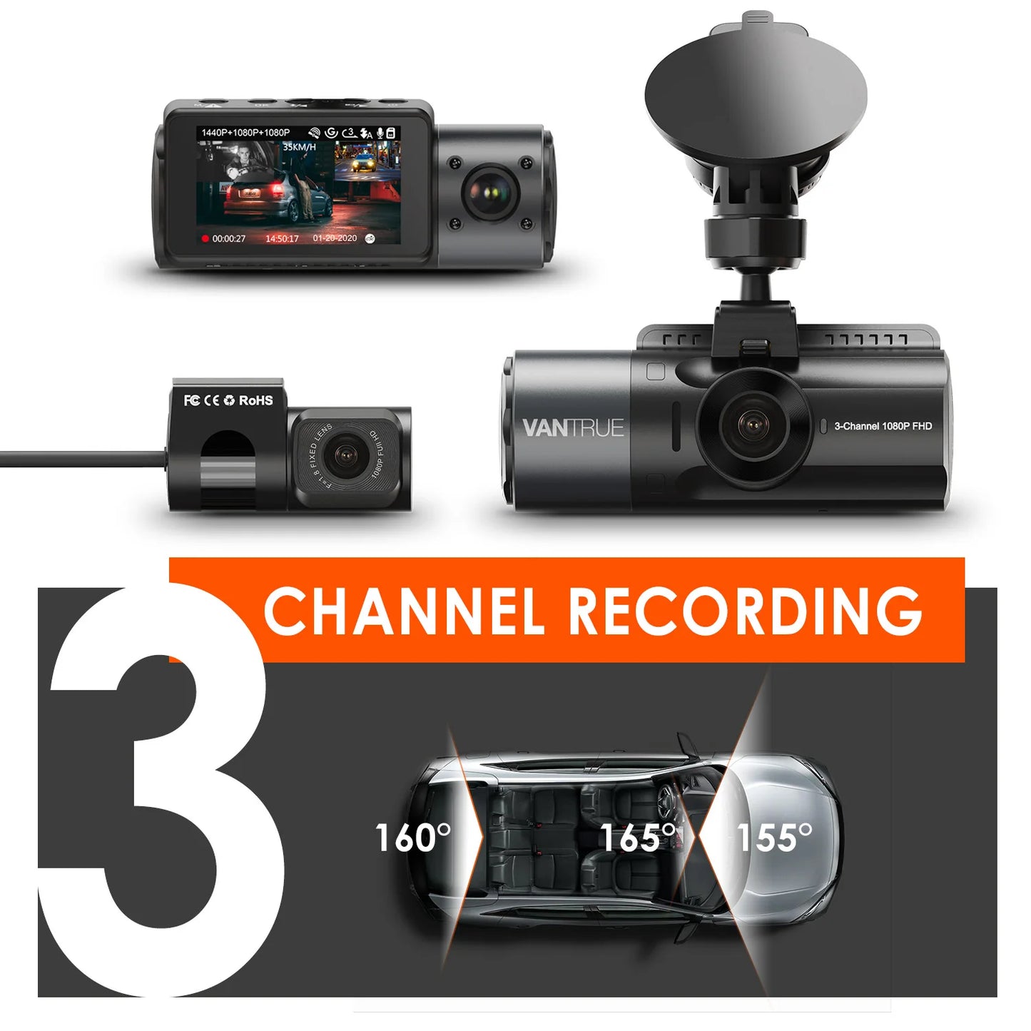 Cámara Vantrue N4 para Autos con Triple Cámara 4K - Visión Nocturna IR, Modo Estacionamiento 24h, Soporte hasta 256GB