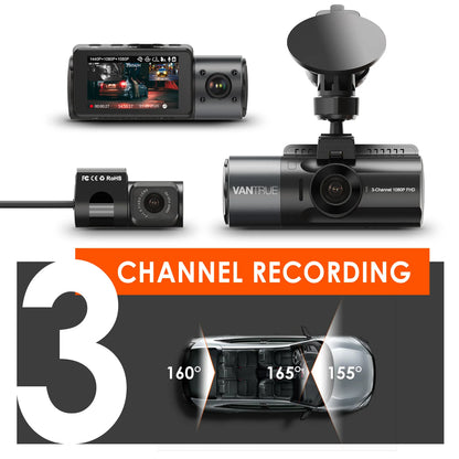Cámara Vantrue N4 para Autos con Triple Cámara 4K - Visión Nocturna IR, Modo Estacionamiento 24h, Soporte hasta 256GB