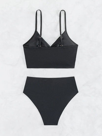 Bikini Alto Sexy para Mujeres | Traje de Baño de Dos Piezas de Verano, Espalda Descubierta, V-cuello en Negro