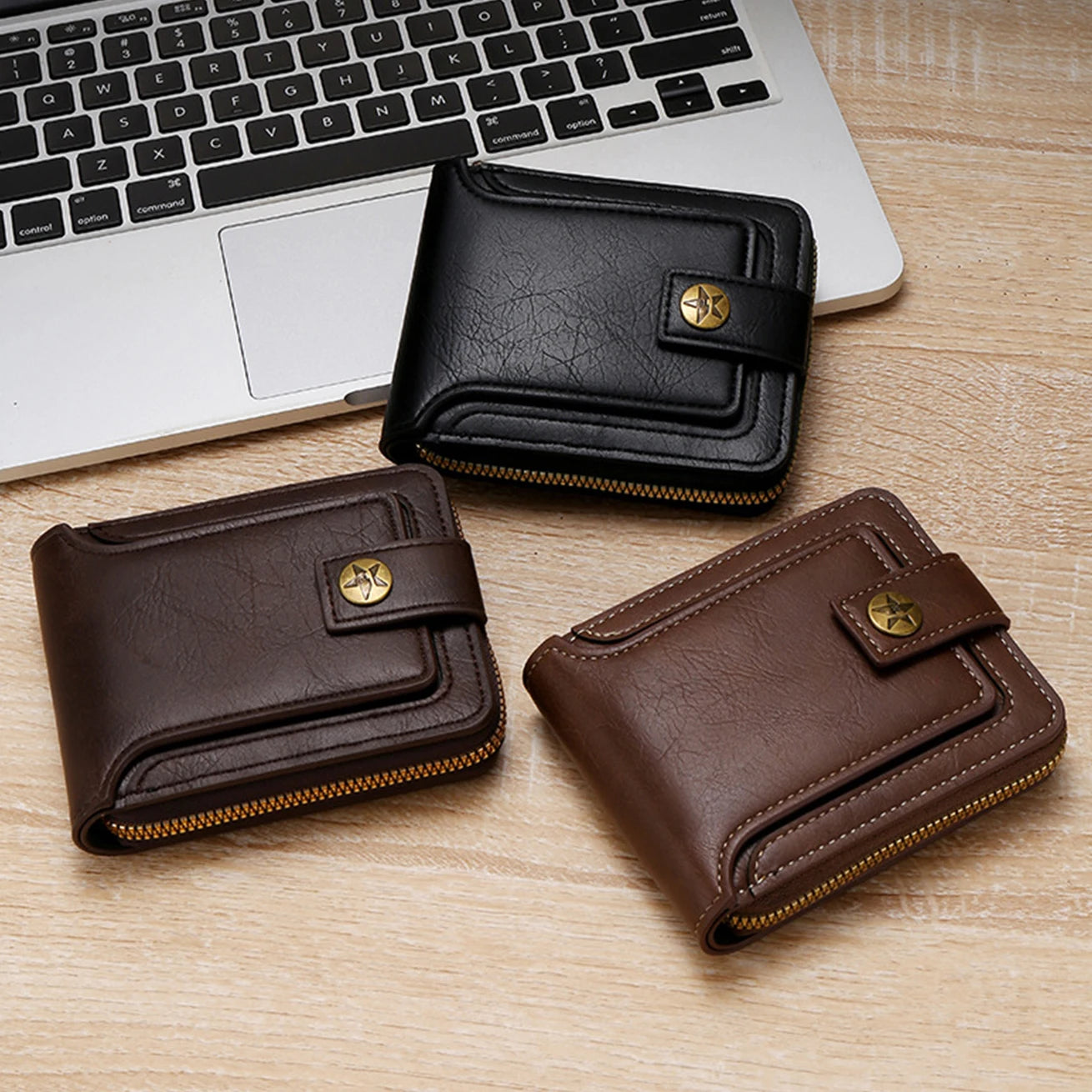 Billetera Hombre Vintage de Alta Calidad en Cuero PU con Bolsillo para Monedas, Tríptico y Cremallera
