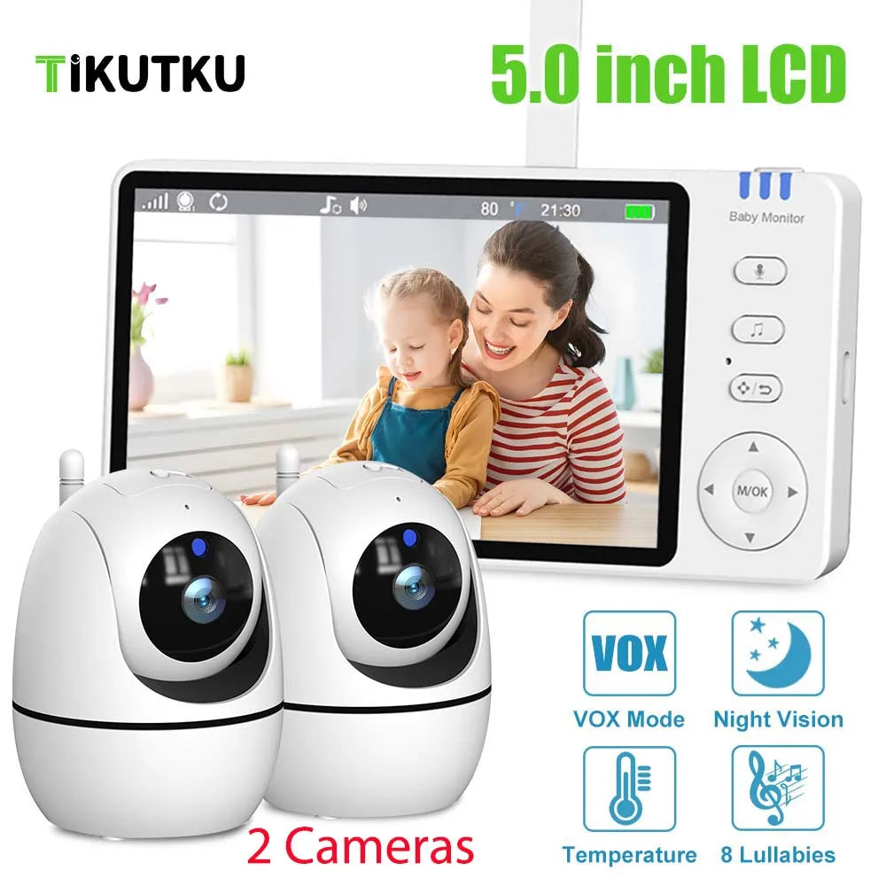 Monitor para Bebés 2 Pcs Cámara IP PTZ Inalámbrica Interior con Pantalla de 5 Pulgadas, Vigilancia de Video, Termómetro, Canciones de Cuna