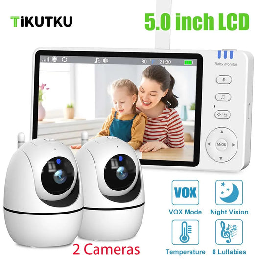 Monitor para Bebés 2 Pcs Cámara IP PTZ Inalámbrica Interior con Pantalla de 5 Pulgadas, Vigilancia de Video, Termómetro, Canciones de Cuna