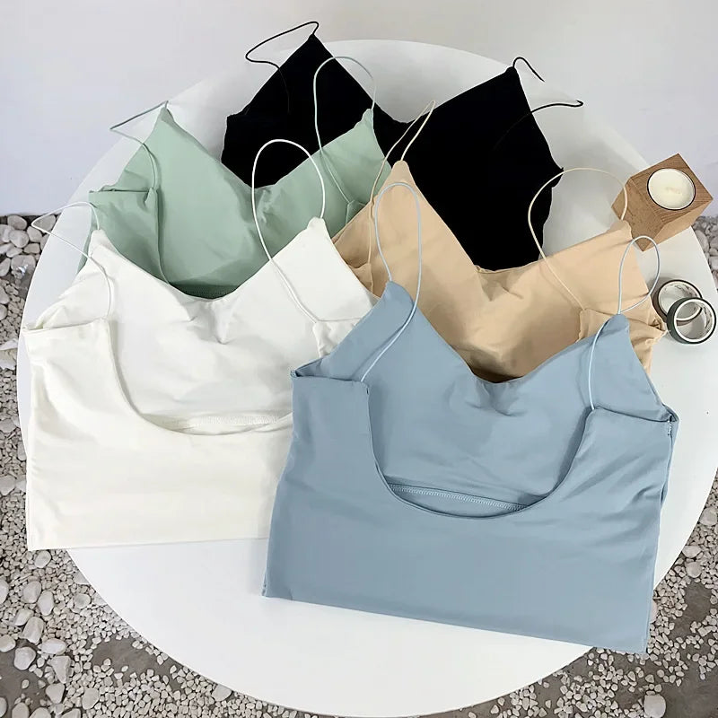 Top Corto Sexy para Mujer, Camiseta sin Mangas de Hombros Caídos con Bra Integrado, Ice Silk Camisole, Sutil y Fresco para Verano
