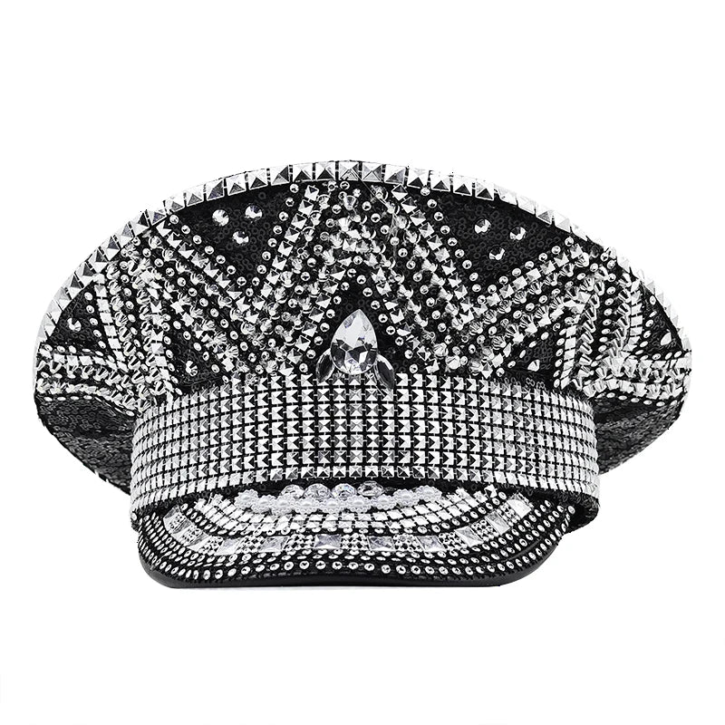 Sombrero Militar de Lujo para Mujer Decorado con Rhinestones | Gorra de Capitán para Bodas, Fiestas de Cumpleaños y Festivales - Estilo Casual
