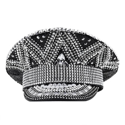 Sombrero Militar de Lujo para Mujer Decorado con Rhinestones | Gorra de Capitán para Bodas, Fiestas de Cumpleaños y Festivales - Estilo Casual