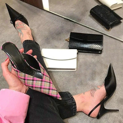 Sandalias con Tacón Alto de Satén y Lazo en Color Rosa Fucsia - Zapatos Sexy de Punta con Correa Trasera, Tacón Aguja, para Mujer