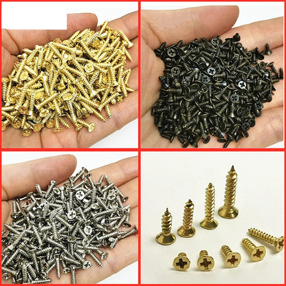 500 Pcs Tornillos de Cabeza Plana para Carpintería | Accesorios de Hardware para Muebles | 2mm a 3mm en Oro, Plata y Bronce