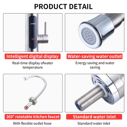 Calentador de Agua Instantáneo ATWFS para Grifo, Calentadores Sin Tanque para Cocina y Baño, Grifo Eléctrico de Agua Caliente, 220V, Carcasa de Acero Inoxidable