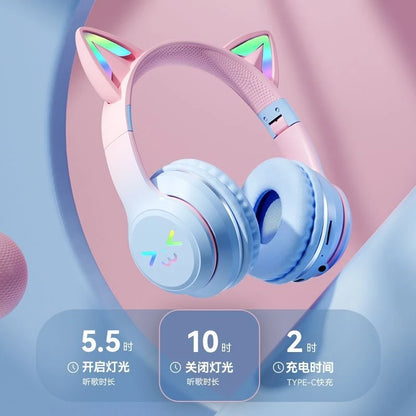 Auriculares TWS con Orejas de Gato - Cascos con Luz RGB, Diseño de Cara Sonriente, Gradiente Color Rosa, Compatible con Todos los Teléfonos