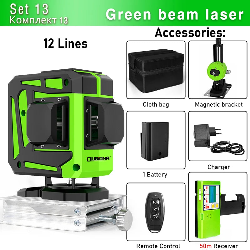 Clubiona Nivel Láser 16/12 Líneas Verde Autonivelante 360° Horizontal y Vertical, Rayo Verde Súper Potente, Herramienta de Nivelación con Modo de Pulso