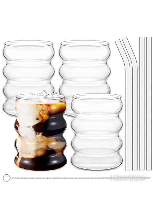 4Pcs Set de Vasos de Vidrio Creativos con Taza y Pajillas | Copas Aesthetic con Diseño Acanalado, Vidrio Borosilicato, Para Bebidas Calientes y Frías, Juego Completo con Pajas Rectas y Curvas