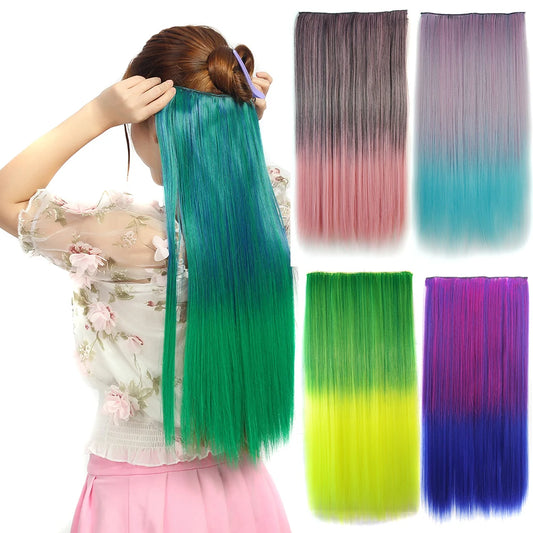 Cabello Sintético Liso de una Pieza, Extensión de Cabello con 5 Clips, Color Degradado Colorido, para Cosplay de Halloween