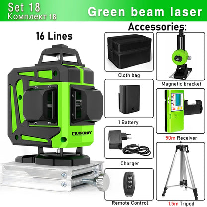 Clubiona Nivel Láser 16/12 Líneas Verde Autonivelante 360° Horizontal y Vertical, Rayo Verde Súper Potente, Herramienta de Nivelación con Modo de Pulso