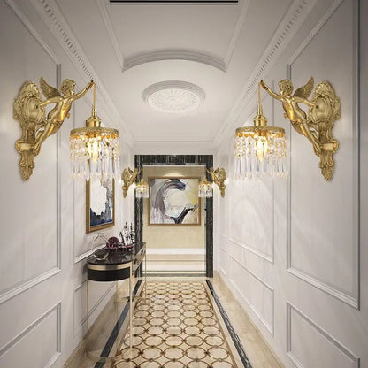 Lámpara de Pared de Cristal con Flor Colgante y Ángel de Cobre de Estilo Vintage Francés, Iluminación de Cabecera de Palacio, Pasillo, Entrada, Porche, Balcón
